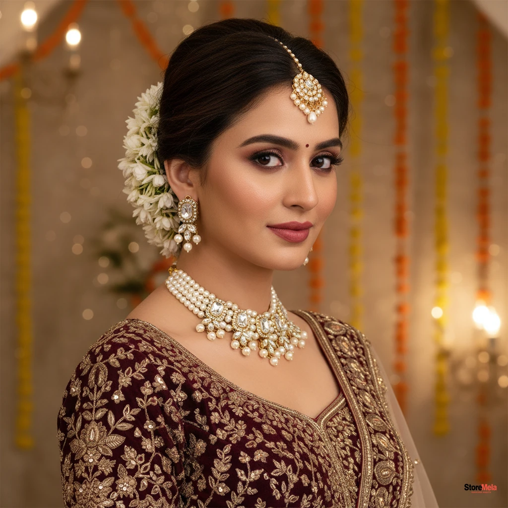 Storemela Premium Gold-Plated CZ Choker Set – Adjustable American Diamond Necklace for Women & Girls