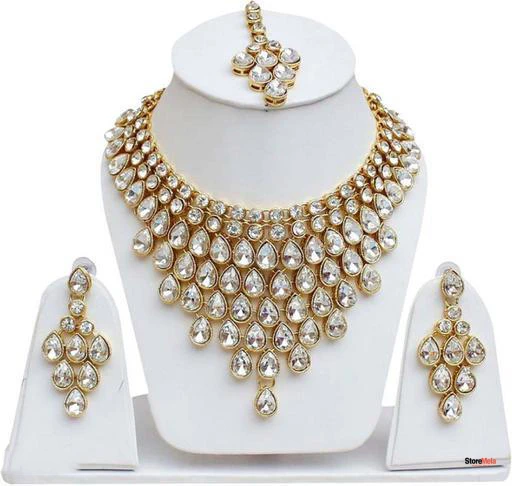 Women’s Gold Plated Polki Jewellery Set – Necklace, Earrings & Maangtika (Adjustable, Alloy)