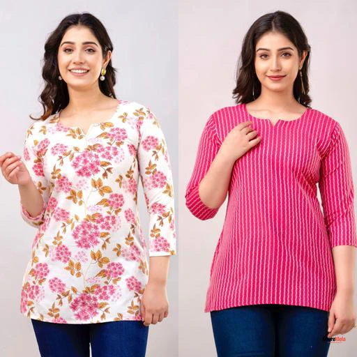 Women's Printed Short Kurti Combo - Cotton Floral Tops for Casual & Office Wear, Best Price