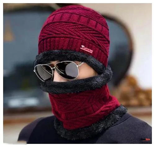 New Latest Winter Knit Thick Fleece Woolen Combo of Beanie Cap Hat and Faux Fur Lining Wool Neck Muffler Scarf for All Girls, Boys, Men, Women.
