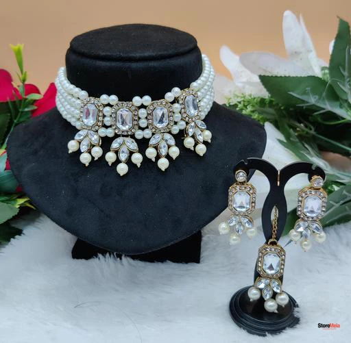 Storemela Premium Gold-Plated CZ Choker Set – Adjustable American Diamond Necklace for Women & Girls