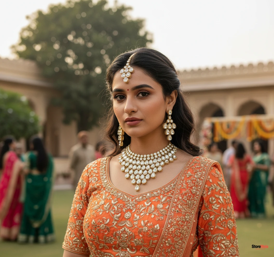 Women’s Gold Plated Polki Jewellery Set – Necklace, Earrings & Maangtika (Adjustable, Alloy)